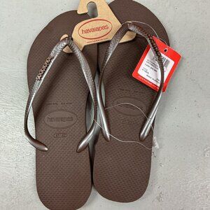 NWT Bronze Havaianas Slim Metallic Logo Flip Flops